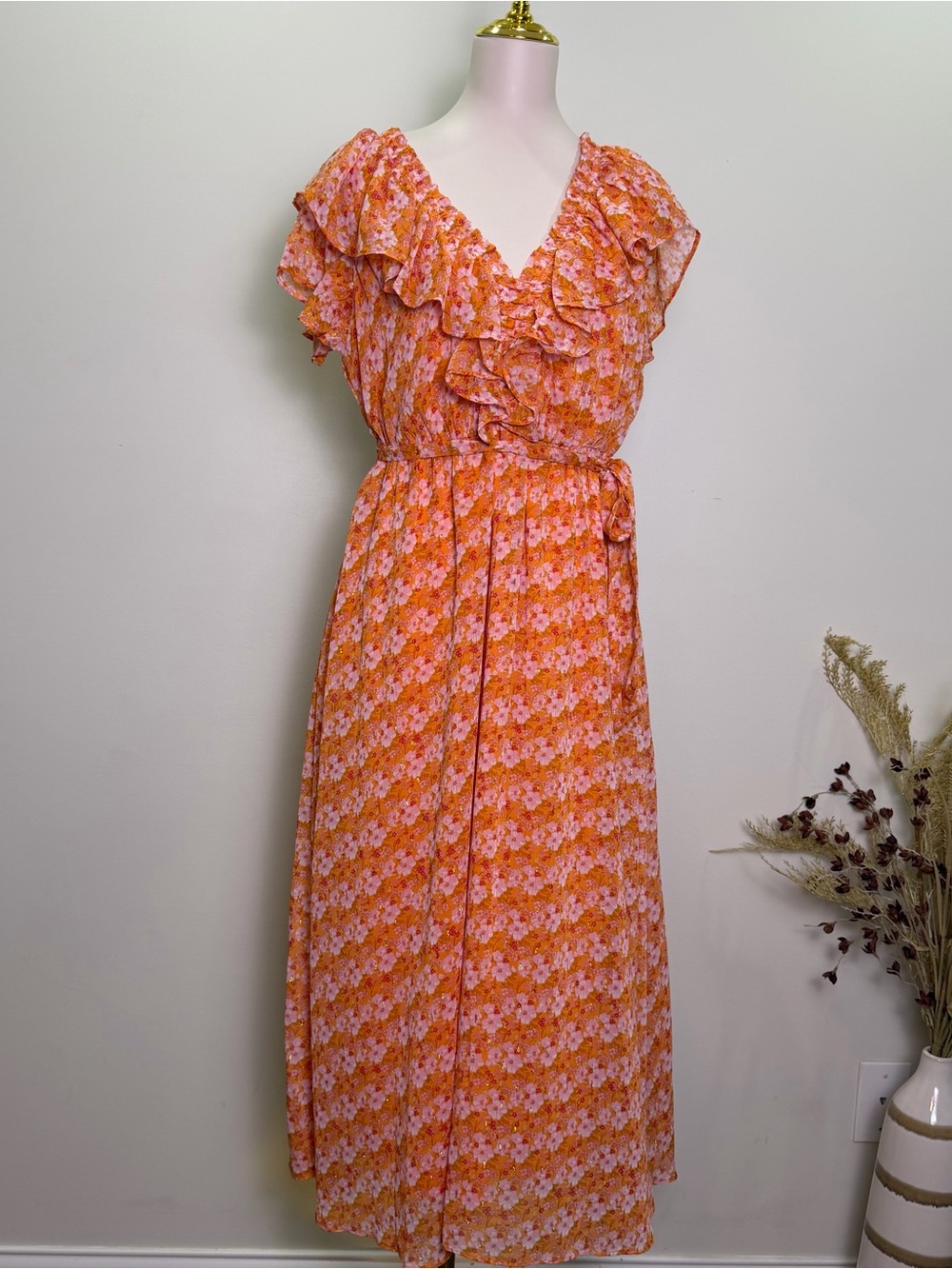 TAYLOR Ruffle Floral A-Line Maxi Dress Womens 6 Orange Pink V-Neck Elastic Waist